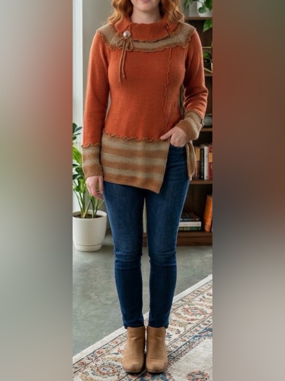 Striped Hem Burnt Orange Knit Sweater